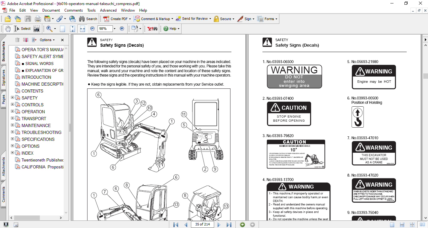 Takeuchi TB014 , Takeuchi TB016 Excavator Operator's Manual - Image 3