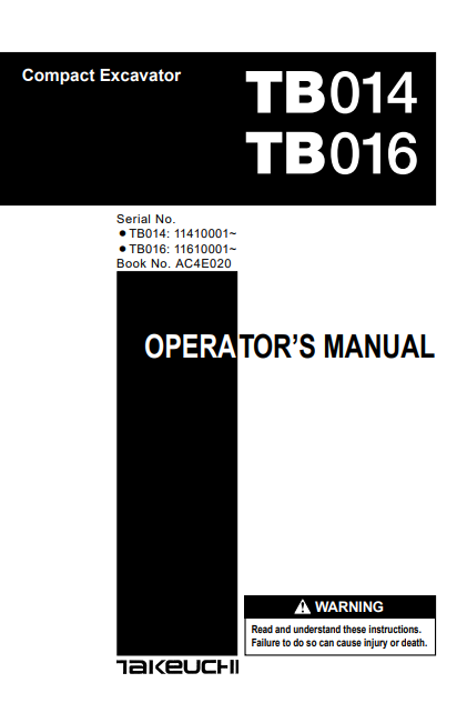 Takeuchi TB014 , Takeuchi TB016 Excavator Operator's Manual - Image 2