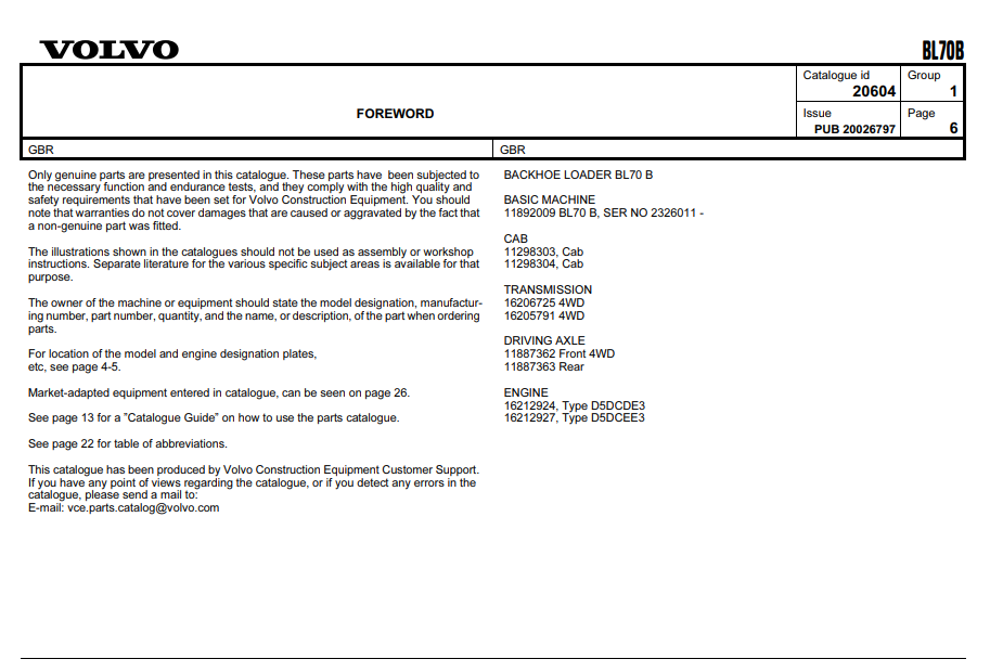 Volvo BL70B Backhoe Loader Parts Catalog - Image 3