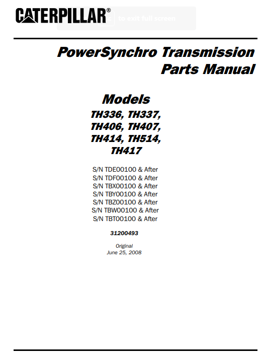 Caterpillar TH336, TH337, TH406, TH407, TH414, TH514, TH417 Telehandlers Transmission Parts Manual - Image 2
