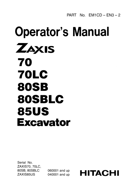 Hitachi ZAXIS 70, 80 Series Excavator Operator’s Manual - Image 2