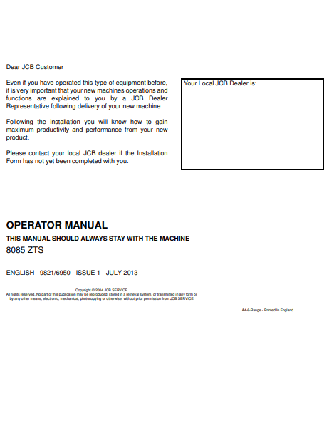 JCB 8085 ZTS Mini Excavator Operators Manual - Image 2