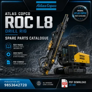 Atlas Copco ROC L8 Drill Rig Spare Parts Catalogue PDF featuring OEM exploded diagrams, genuine part numbers, and complete replacement parts information.