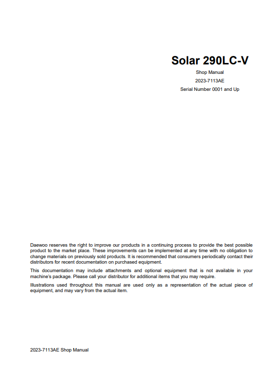 Daewoo Solar 290LC-V Excavator Workshop Manual - Image 2