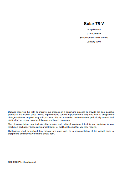 Daewoo Solar 75-V Excavator Workshop Repair Manual - Image 2
