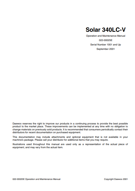Daewoo Solar 340LC-V Operation and Maintenance Manual - Image 2