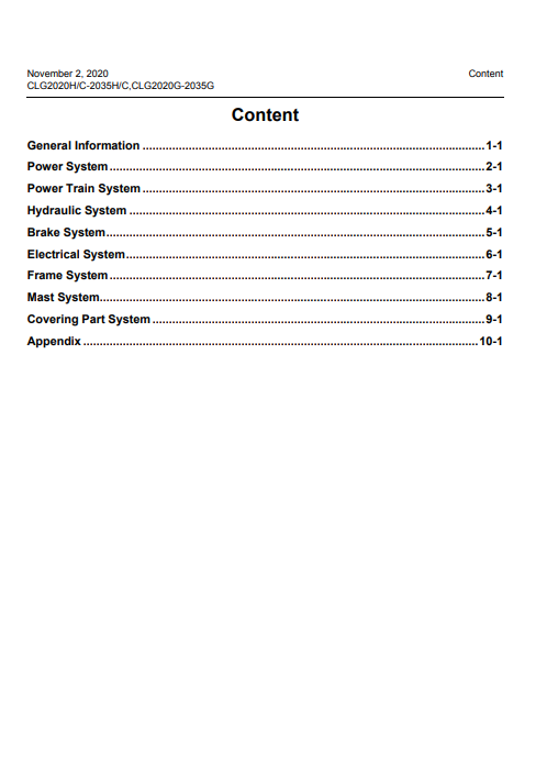 Liugong CLG2020H-C, CLG2035H-C, CLG2020G, CLG2035G Forklift Trucks Service Repair Manual - Image 5