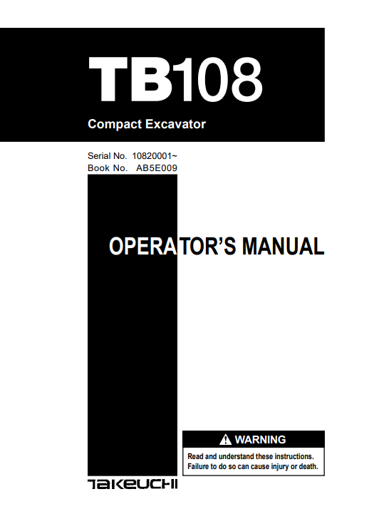 Takeuchi TB108 Excavator Operator's Manual - Image 2