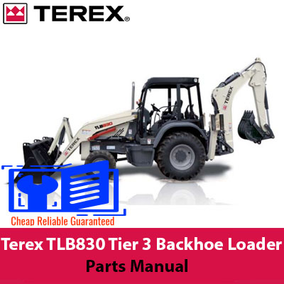 Parts manual for Terex TLB830 Backhoe Loader, displaying diagrams and part names for maintenance and repair