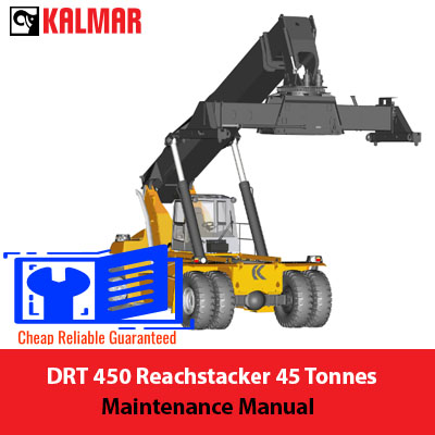 Maintenance manual cover for Kalmar DRT 450 Reachstacker, 45 tonnes, featuring technical illustrations and specifications