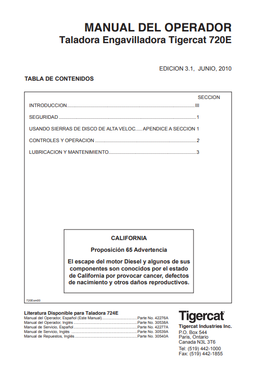 Tigercat 720E Feller Buncher Operator's Manual (Spanish) - Image 2