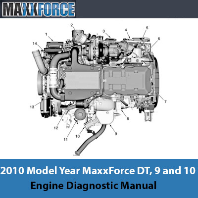Diagnostic manual for the 2010 MaxxForce DT engine, covering models 9 and 10, with guidelines for troubleshooting and repairs