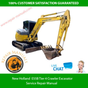 New Holland E55B Excavator service repair manual, displaying the title and technical graphics for maintenance guidance