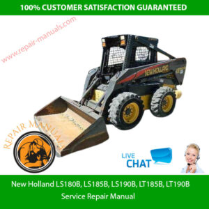 Service repair manual cover for New Holland LS180B, LS185B, LS190B, LT185B, and LT190B models