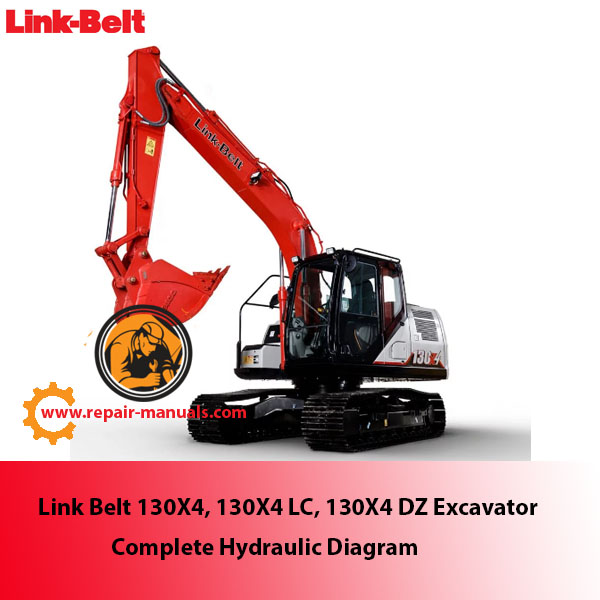 Complete hydraulic diagram for Link Belt 130X4, 130X4 LC, and 130X4 DZ excavators, detailing system components and connections