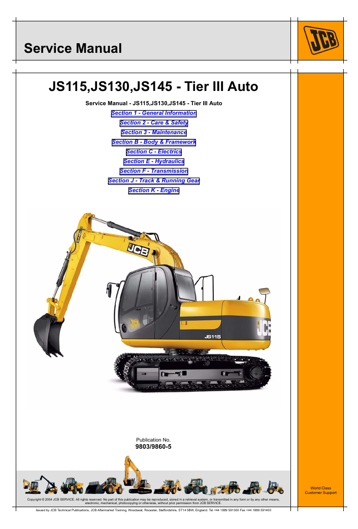 Service repair manual for JCB JS145 excavator, detailing maintenance and troubleshooting procedures