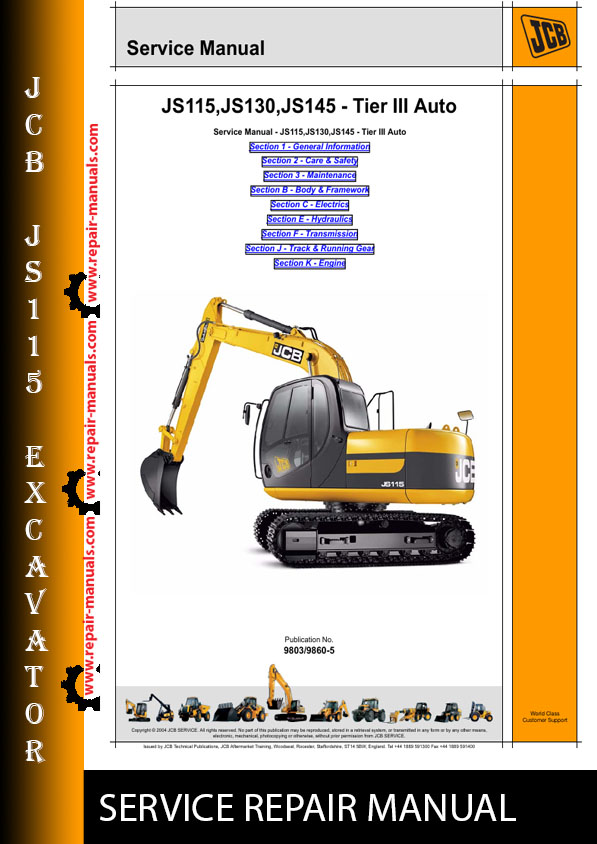 JCB JS115 Excavator Service Repair Manual cover featuring the model and technical illustrations for maintenance guidance