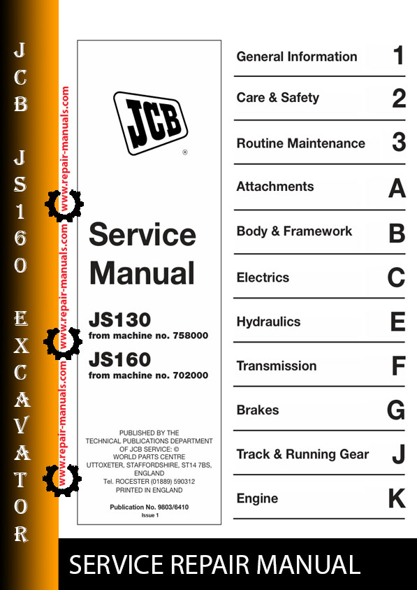 JCB JS160 Excavator Service Repair Manual, showcasing the model and key service instructions for effective maintenance