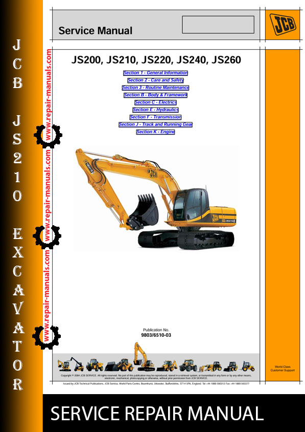 JCB JS210 Excavator service repair manual cover featuring the model and technical illustrations for maintenance guidance