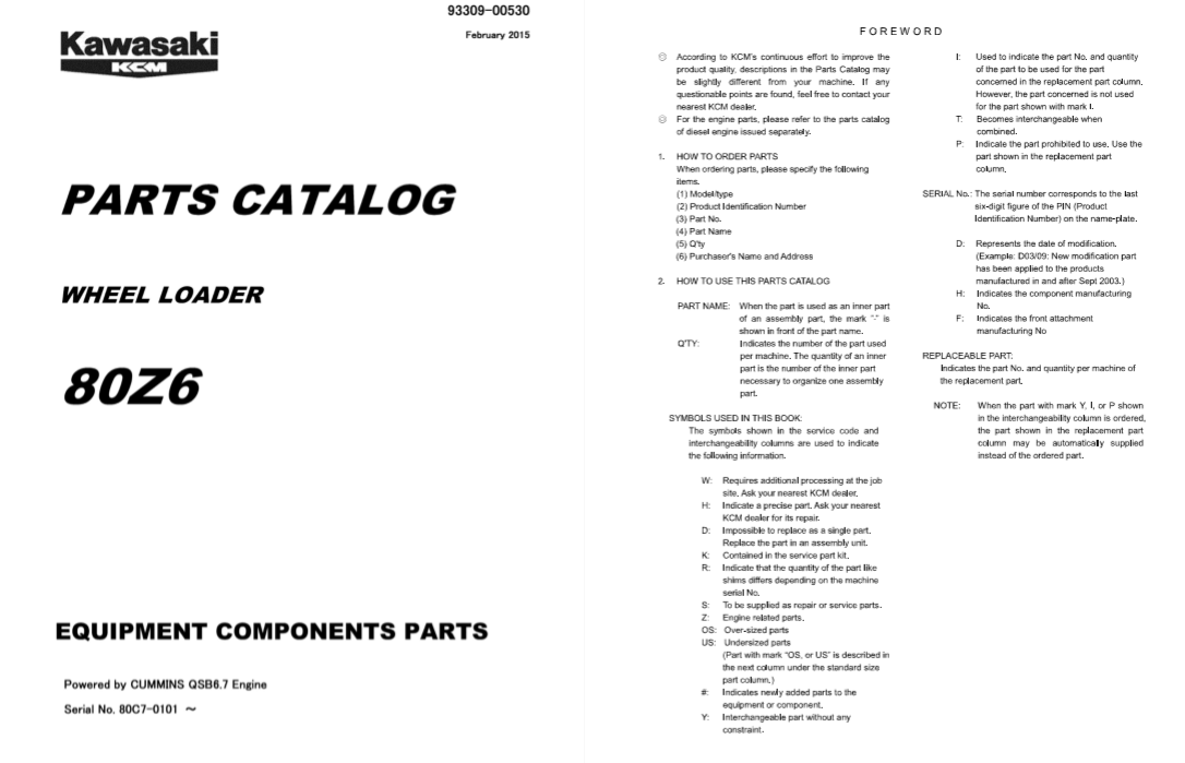 Parts manual for the Kawasaki 80Z6 Wheel Loader, offering guidance on components and maintenance procedures