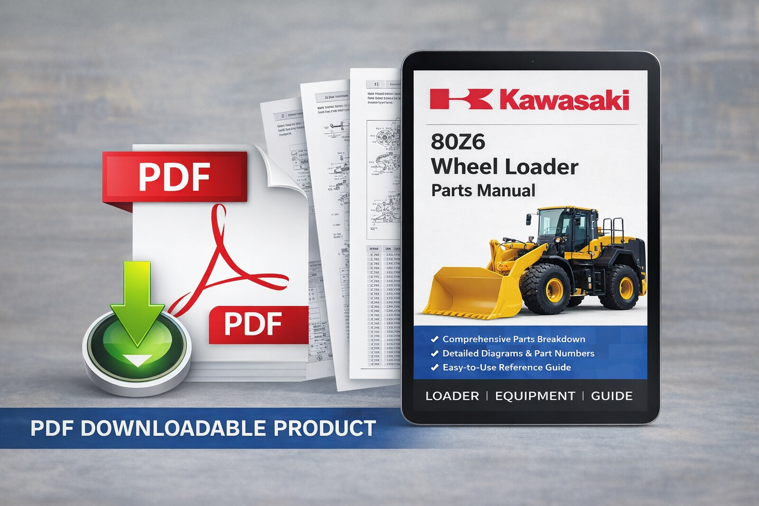 Parts manual for Kawasaki 80Z6 Wheel Loader, detailing components and assembly instructions for maintenance and repair