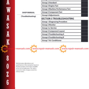 Kawasaki 80Z6 Wheel Loader Troubleshooting Manual cover featuring the loader and technical diagrams for maintenance guidance