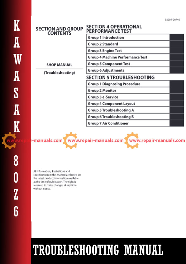 Kawasaki 80Z6 Wheel Loader Troubleshooting Manual cover featuring the loader and technical diagrams for maintenance guidance