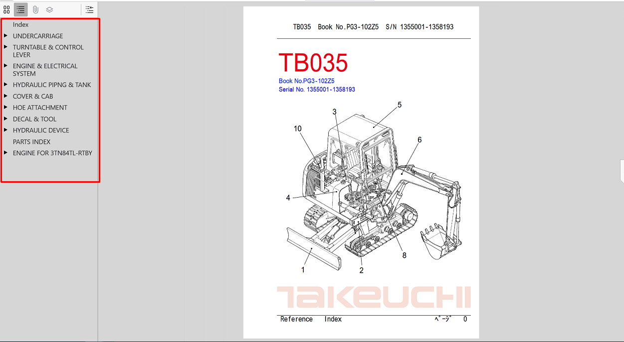 Parts manual for Takeuchi TB035, featuring essential information for identifying and replacing components