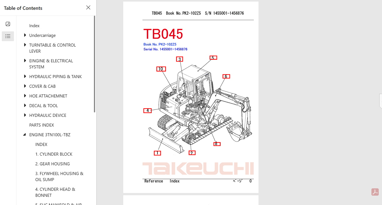 Parts manual for Takeuchi TB045, featuring essential information for identifying and replacing components