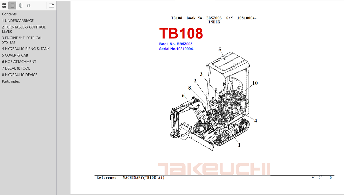 Comprehensive parts manual for the Takeuchi TB108 excavator, providing essential information for repairs and maintenance