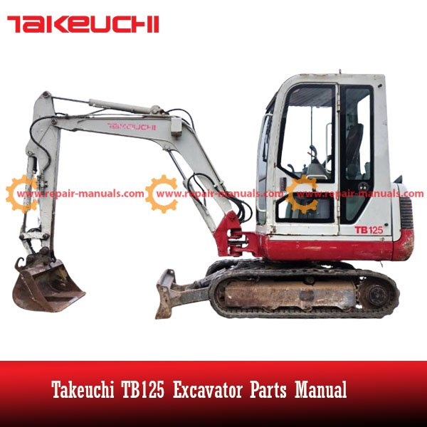 Parts manual for Takeuchi TB125 Excavator, displaying an image of the excavator and detailed parts information