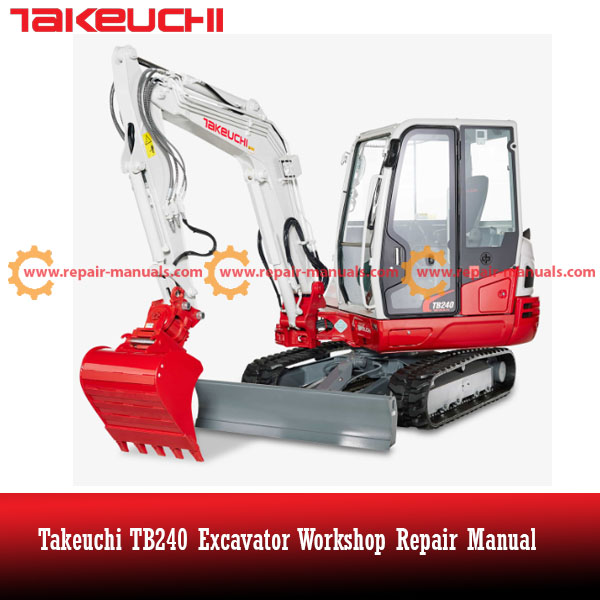 Takeuchi TB240 Excavator Workshop Repair Manual, showcasing the title and technical diagrams for maintenance guidance