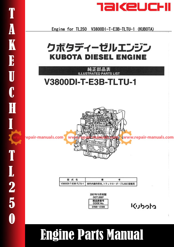 Comprehensive parts manual for Takeuchi TL250 Skid Steer, focusing on engine V3800DI-T-E3B-TLTU-1, including diagrams and details