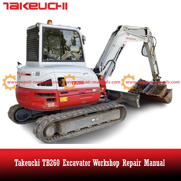 Takeuchi TB260 Excavator Workshop Repair Manual, displaying the title and technical diagrams for maintenance guidance