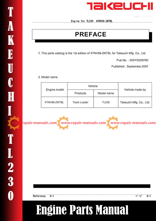 Parts manual for Takeuchi TL230 Skid Steer featuring engine model 4TNV98-ZNTBL, detailing components and specifications