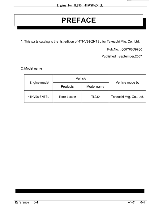 Engine parts manual for Takeuchi TL230 Skid Steer, model 4TNV98-ZNTBL, outlining necessary components and technical details