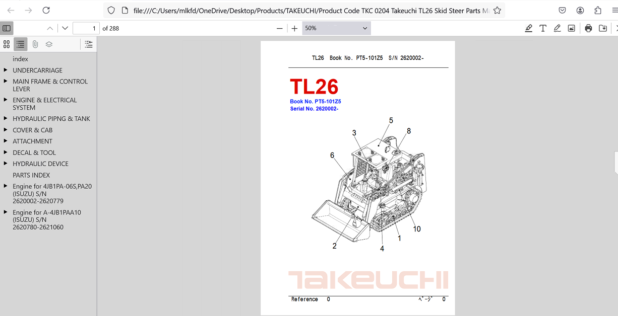 Comprehensive parts manual for Takeuchi TL26 skid steer, providing essential information for components and assembly for maintenance and repair