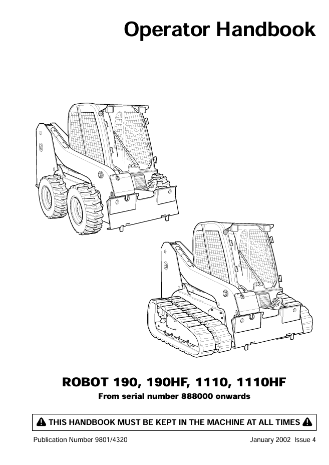 Manual for the JCB Robot 1110 Skid Steer Loader, featuring instructions on operation, safety measures, and maintenance practices