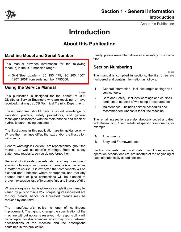 Comprehensive service manual for JCB 190t Skid Steer Loader, covering repair and maintenance guidelines