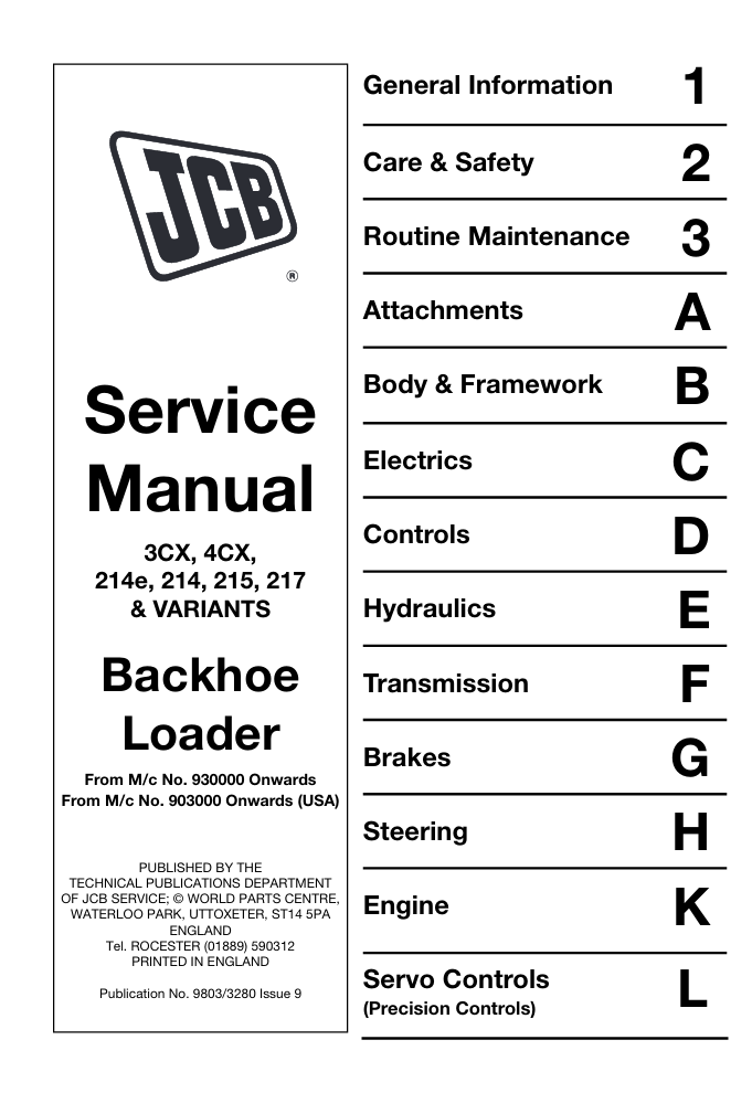 Service repair manual for JCB 214 Backhoe Loader, detailing maintenance and troubleshooting procedures