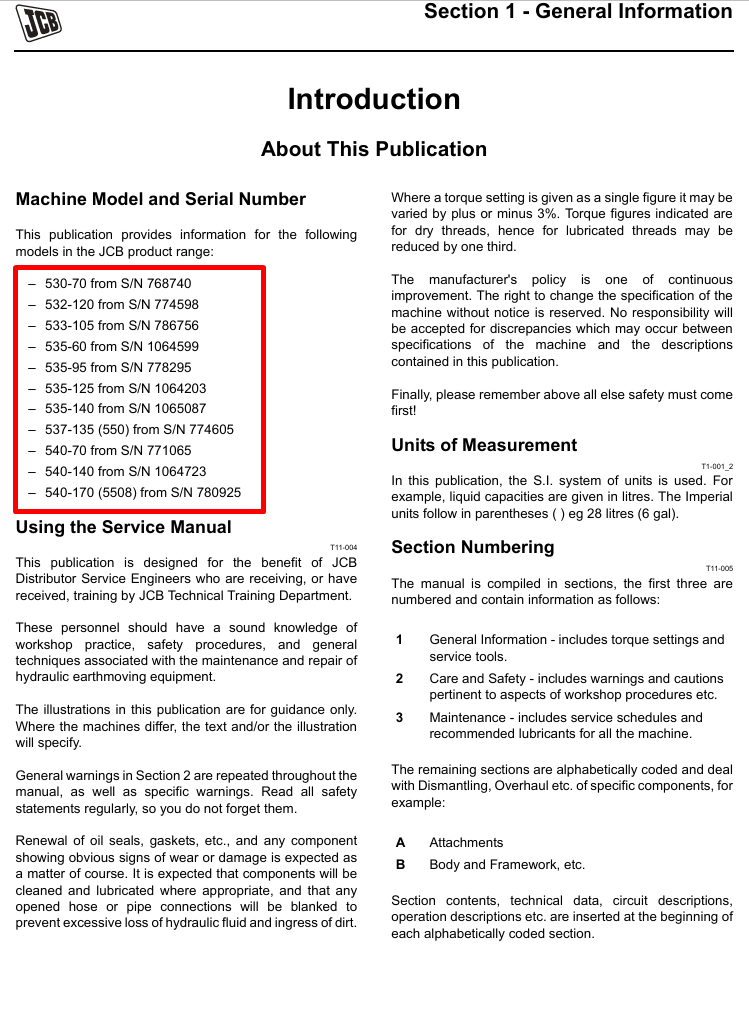 Comprehensive service manual for JCB 535-125 Side Engine Loadall, covering repair and maintenance guidelines