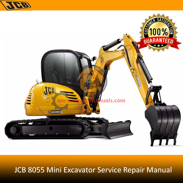 JCB 8055 Mini Excavator Service Repair Manual cover featuring the model and technical illustrations for maintenance guidance