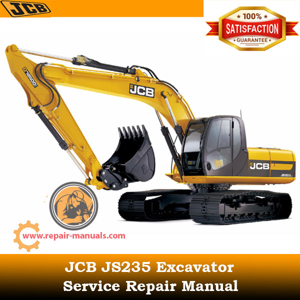 JCB JS235 Excavator Service Repair Manual cover featuring the model and technical illustrations for maintenance guidance