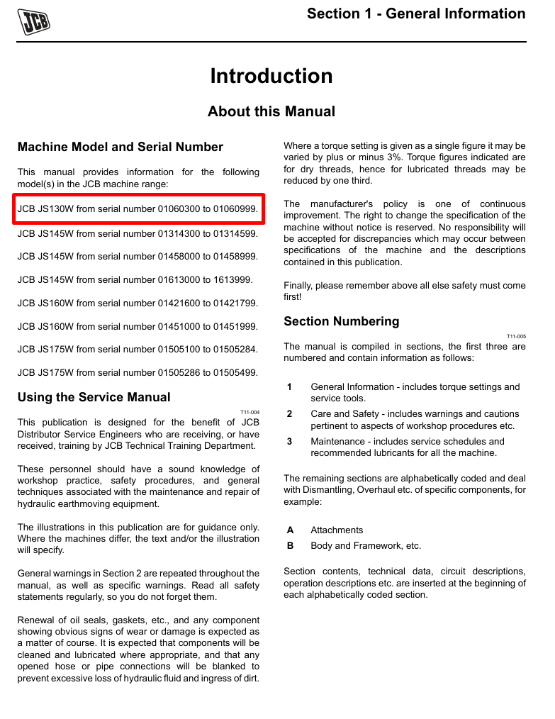 Detailed service and repair manual for the JCB JS130W Wheel Excavator, focusing on maintenance