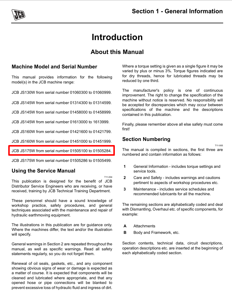 Detailed service and repair manual for JCB JS175W Wheel Excavator, ensuring proper upkeep and troubleshooting