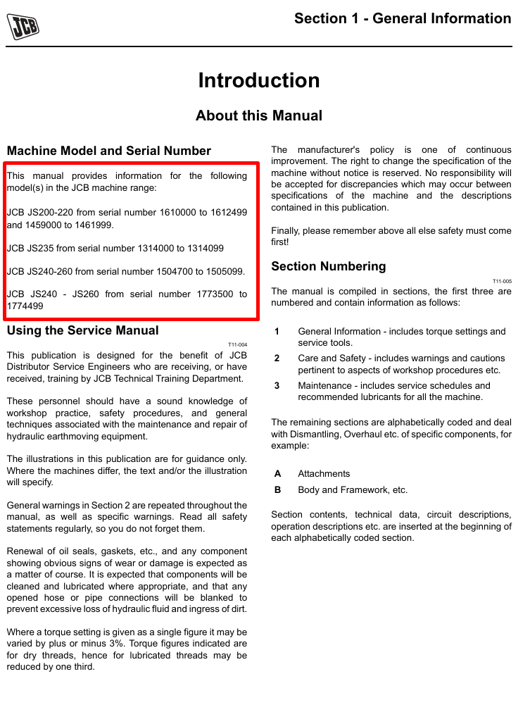 Detailed service and repair manual for the JCB JS200 excavator, focusing on maintenance and operational