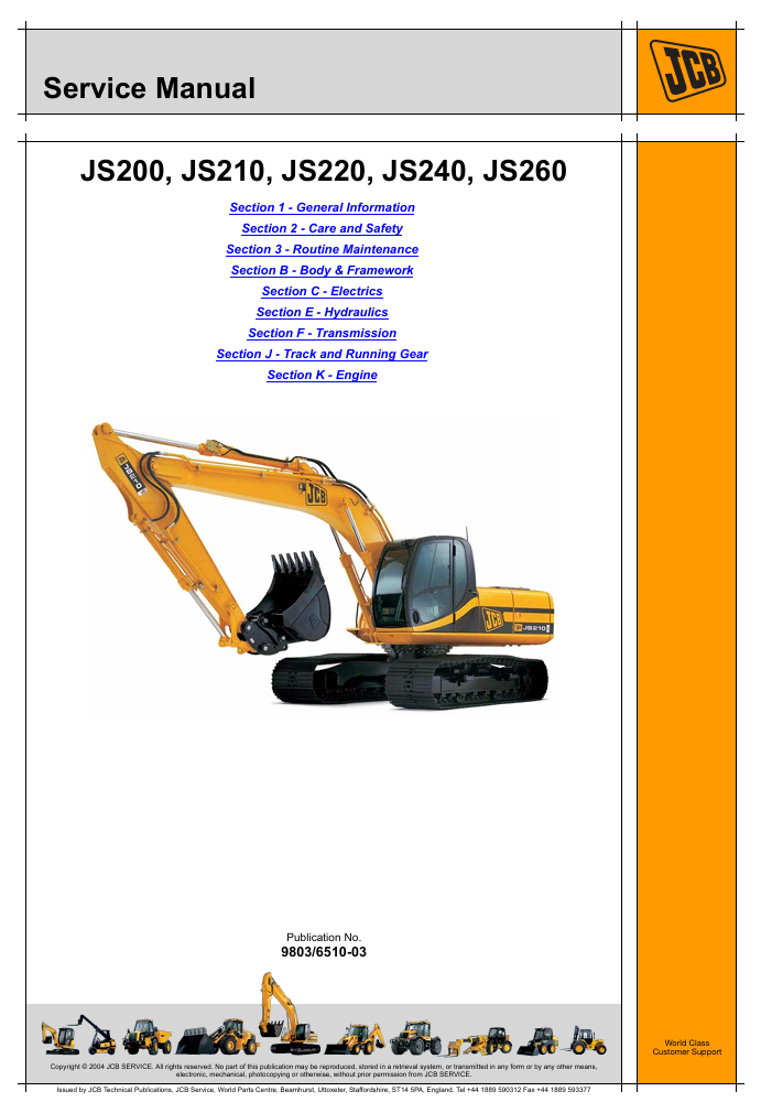 Comprehensive service manual for JCB JS200 excavator, covering repair techniques and maintenance