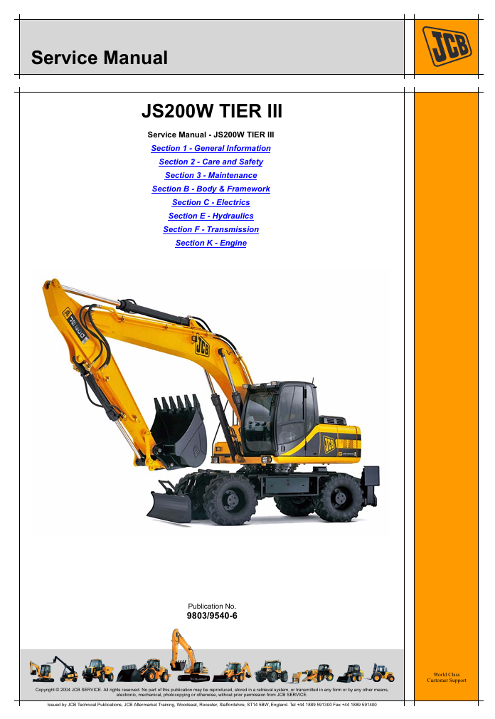 Detailed service and repair manual for the JCB JS200W TIER III Wheel Excavator, focusing on maintenance