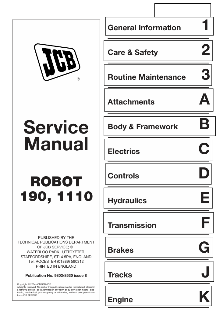 Detailed service manual for the JCB Robot 1110 Skid Steer, outlining maintenance tasks and operational best practices