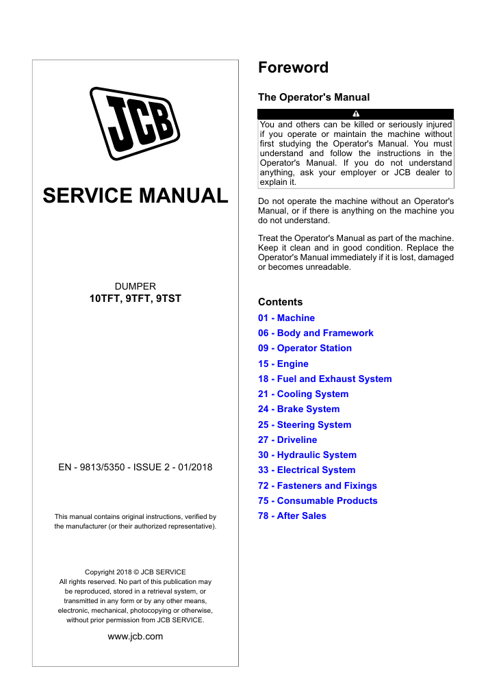 Detailed service repair manual for the JCB 9TST Dumper, focusing on maintenance procedures and troubleshooting tips